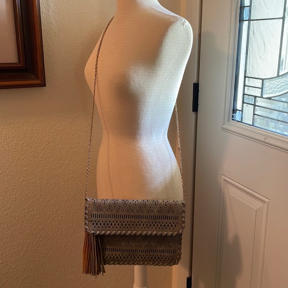 Eam Forever Tan with fringe wicker patterned clutch / crossbody with gold chain